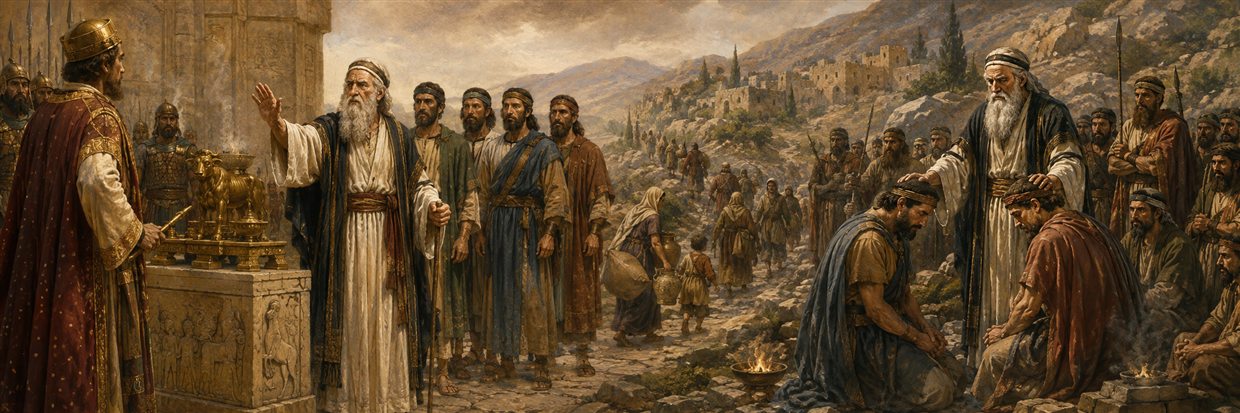 Mattathias rejects a royal altar in Modin and later blesses his five sons among families gathered in mountain refuge
